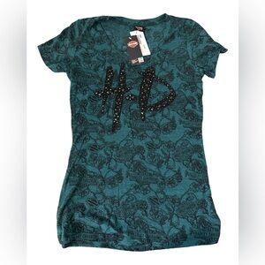 Harley-Davidson Womens Burned Identity Studded V-Neck SS Green Small NWT